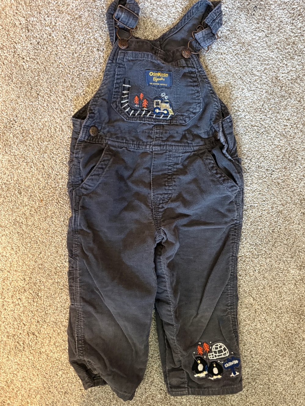 Oshkosh B'gosh Vestbak corduroy overalls grey with embroidered penguins 18 month